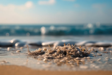 Seascape beach background. light of calm sea and blue sky. Focus on sand foreground. generative aiの素材