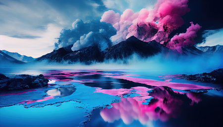 Lake pink blue abstract bright beautiful landscape background. generative aiの素材