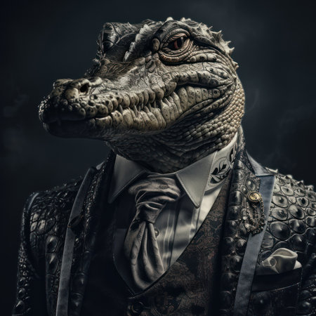 Crocodile in a stylish business suit. Portrait of a business animal in a tuxedo. generative aiの素材
