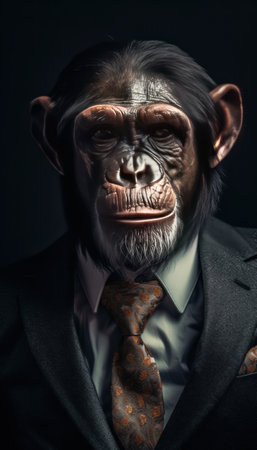 chimpanzee in a stylish business suit. Portrait of a business animal in a tuxedo. generative aiの素材