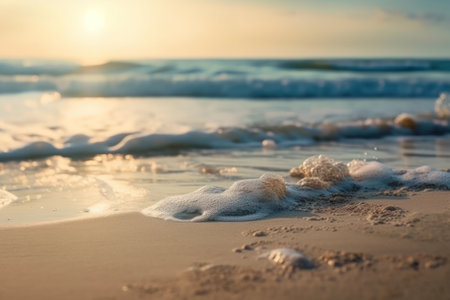 Seascape beach background. light of calm sea and blue sky. Focus on sand foreground. generative aiの素材