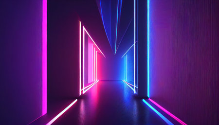 Abstract futuristic neon background. Linear lines of light.Neon Sci Fi Futuristic Modern Vibrant Purple Blue pink colors. Abstract neon lights into digital technology. generative aiの素材