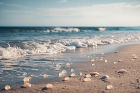 Seascape beach background. light of calm sea and blue sky. Focus on sand foreground. generative aiの素材