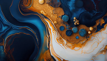 Background mixed liquid paint blue and white, gold colors. Luxury marble texture. Marble wallpaper oil slick watercolor. liquid oil background. generative aiの素材