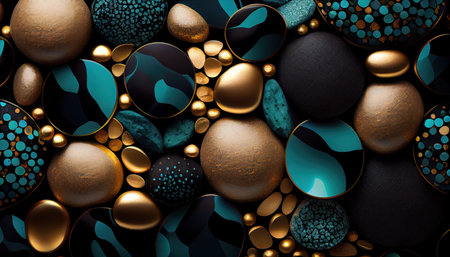 Vibrant and dynamic, stones wallpaper, featuring an array of golden and teal black colorful stones, arranged in an abstract pattern. ai generativeの素材