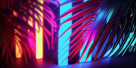 Colorful neon background with palm leaf and leaves. Branches fluorescent color. Neon background abstract colorful palm branches. generative aiの素材