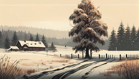 Winter landscape. Winter season, landscape is dotted with white snow. Winter house in the countryside, village, settlement. Beautiful landscape of nature. generative aiの素材