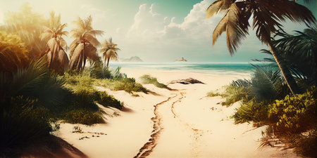 Tropical background with sea and palm trees. Summer sea background, blue ocean, sandy beach, light blue sky. ai generativeの素材