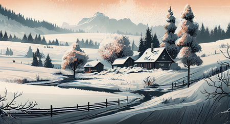 Winter landscape. Winter season, landscape is dotted with white snow. Winter house in the countryside, village, settlement. Beautiful landscape of nature. generative aiの素材
