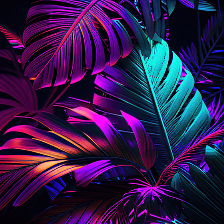 Colorful neon background with palm leaf and leaves. Branches fluorescent color. Neon background abstract colorful palm branches. generative aiの素材