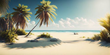 Tropical background with sea and palm trees. Summer sea background, blue ocean, sandy beach, light blue sky. ai generativeの素材