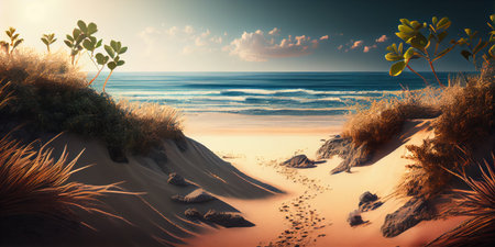 Tropical background with sea and palm trees. Summer sea background, blue ocean, sandy beach, light blue sky. ai generativeの素材