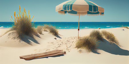 Tropical background with sea. Summer sea background, blue ocean, sandy beach, light blue sky. ai generativeの素材