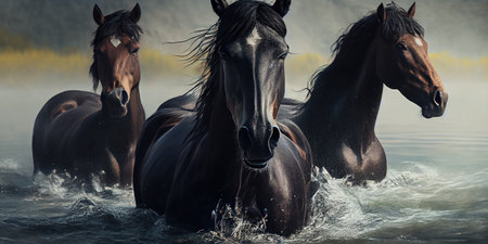 herd of horses run along the river, Horses in the water of the river. ai generativeの素材