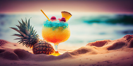 Fresh cocktail by the sea. Cocktail on Tropical beach. Summer sandy beach with ice drinks. Evening sunset on the foreground. Copyspace for text. ai generativeの素材