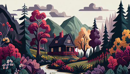 Natural landscape illustration, trees, forest, mountains, flowers, plants, houses. Beautiful landscape of nature. generative aiの素材