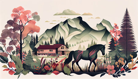 Natural landscape illustration, trees, forest, mountains, flowers, plants, houses. Beautiful landscape of nature. horse, wild horse, domestic horse. generative aiの素材