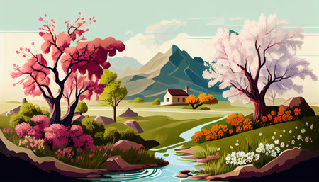 Summer nature landscape. Spring summer autumn season. Beautiful landscape of nature. generative aiの素材