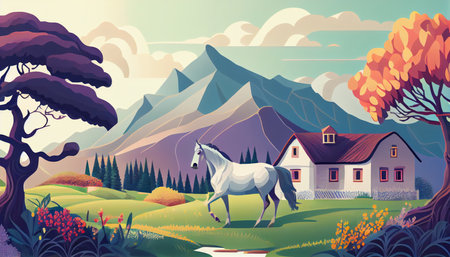 Natural landscape illustration, trees, forest, mountains, flowers, plants, houses. Beautiful landscape of nature. horse, wild horse, domestic horse. generative aiの素材