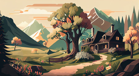 Natural landscape illustration, trees, forest, mountains, flowers, plants, houses. Beautiful landscape of nature. generative aiの素材