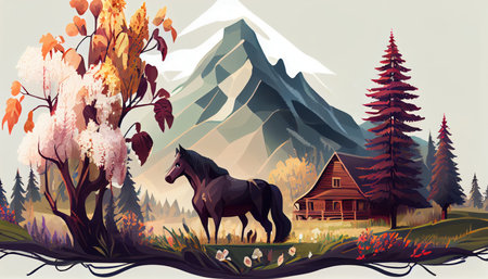 Natural landscape illustration, trees, forest, mountains, flowers, plants, houses. Beautiful landscape of nature. horse, wild horse, domestic horse. generative aiの素材