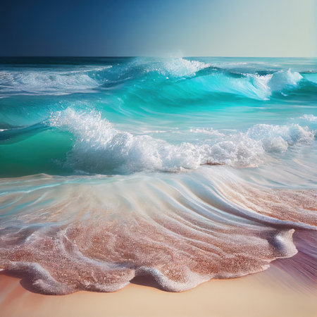 Beautiful sandy beach and soft blue ocean wave. Sea background. generative aiの素材