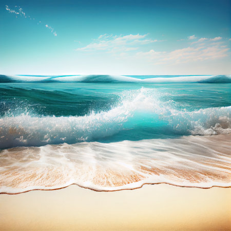 Beautiful sandy beach and soft blue ocean wave. Sea background. generative aiの素材