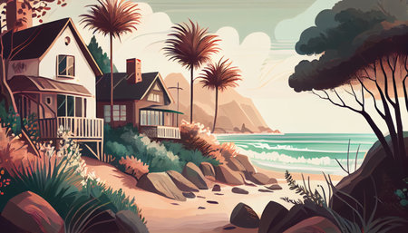 Sea and ocean, beach with palm trees. natural landscape. Seascape. Beautiful landscape of nature. Cottage house by the sea, apartments by the ocean beach. generative aiの素材