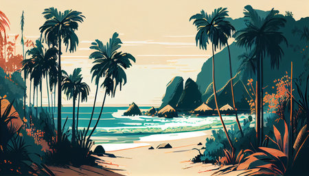 Sea and ocean, beach with palm trees. natural landscape. Seascape. Beautiful landscape of nature. generative aiの素材