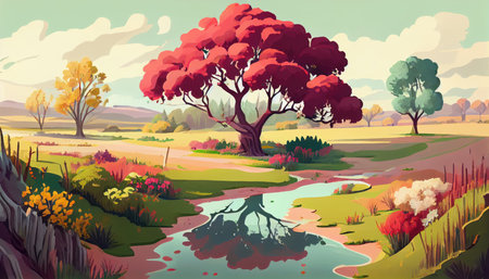 Summer nature landscape. Spring summer autumn season. Beautiful landscape of nature. generative aiの素材
