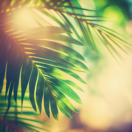 Palm leaves background. Sea view through green palm leaves and bright sunlight. ai generativeの素材
