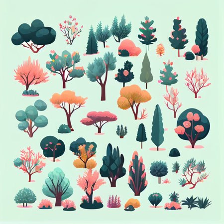 Isolated tree on white background, The collection of trees. Set of trees and shrubs. Collection of natural design elements trees with leaves. generative aiの素材