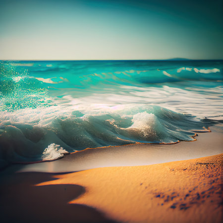 Beautiful sandy beach and soft blue ocean wave. Sea background. generative aiの素材