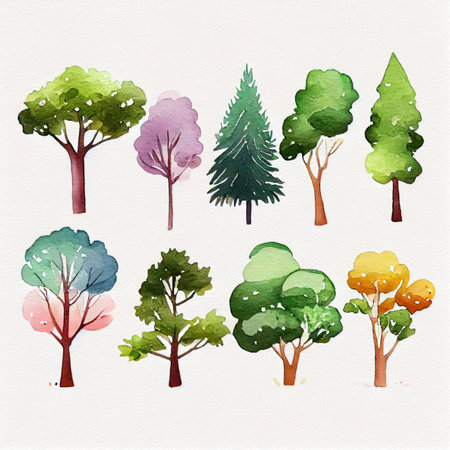 Painted watercolor trees. Isolated tree on white background, The collection of trees. Set of trees and shrubs. Collection of natural design elements trees with leaves. generative aiの素材