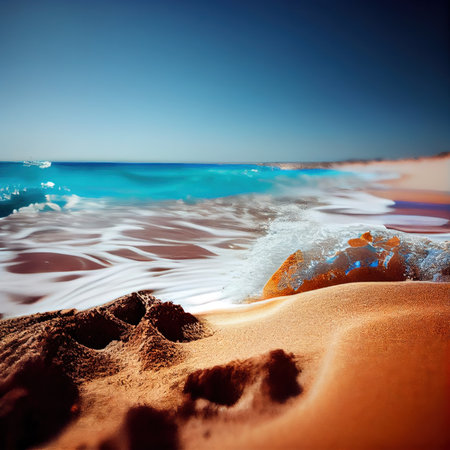 Beautiful sandy beach and soft blue ocean wave. Sea background. generative aiの素材