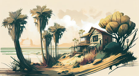 Sea and ocean, beach with palm trees. natural landscape. Seascape. Beautiful landscape of nature. Cottage house by the sea, apartments by the ocean beach. generative aiの素材