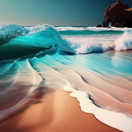 Beautiful sandy beach and soft blue ocean wave. Sea background. generative aiの素材