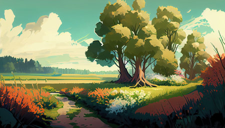 Summer nature landscape. Spring summer autumn season. Beautiful landscape of nature. generative aiの素材