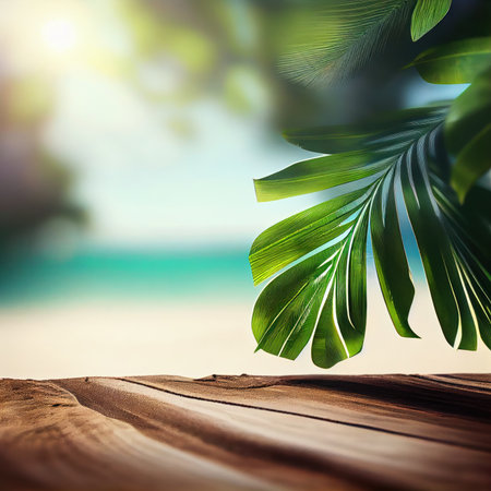 Sand beach with seascape and palm branches, blur bokeh light of calm sea sky at tropical beach background. Empty ready for your product display montage. summer background concept. ai generativeの素材