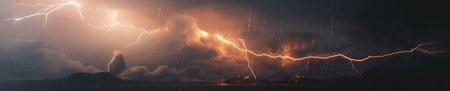 Night sky background with sparkling lightning. Horizontal banner and poster, header for website. generative aiの素材