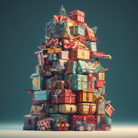 Pile of Christmas gifts box. Merry Christmas and Happy new year. Festive design with decorative elements. holiday season. Greeting card, banner, poster. generative aiの素材