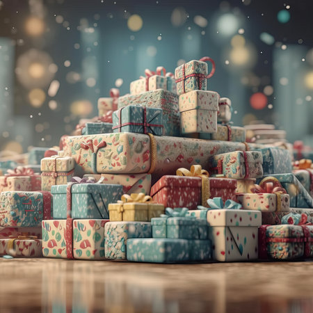 Pile of Christmas gifts box. Merry Christmas and Happy new year. Festive design with decorative elements. holiday season. Greeting card, banner, poster. generative aiの素材