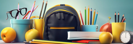 Back to school. Ready for school concept background. Design of different colorful stationery on table. Horizontal banner and poster, header for website. generative aiの素材
