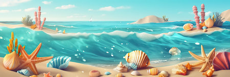 Summer background, Summer tropical sea background, sand beach. Horizontal banner and poster, header for website. generative aiの素材