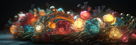 Merry Christmas and Happy new year. Christmas decorative bright glowing garlands. Festive design with decorative elements. holiday season. Horizontal banner, poster, header for website. generative aiの素材
