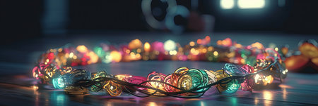 Merry Christmas and Happy new year. Christmas decorative bright glowing garlands. Festive design with decorative elements. holiday season. Horizontal banner, poster, header for website. generative aiの素材