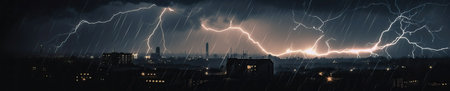 Night sky background with sparkling lightning. Horizontal banner and poster, header for website. generative aiの素材