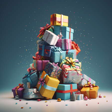 Pile of Christmas gifts box. Merry Christmas and Happy new year. Festive design with decorative elements. holiday season. Greeting card, banner, poster. generative aiの素材