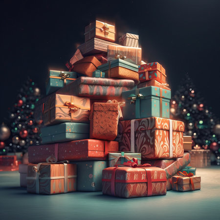 Pile of Christmas gifts box. Merry Christmas and Happy new year. Festive design with decorative elements. holiday season. Greeting card, banner, poster. generative aiの素材