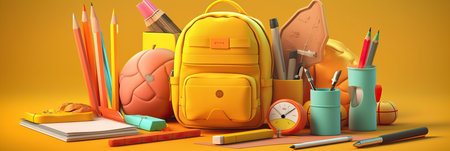 Back to school. Ready for school concept background. Design of different colorful stationery on table. Horizontal banner and poster, header for website. generative aiの素材